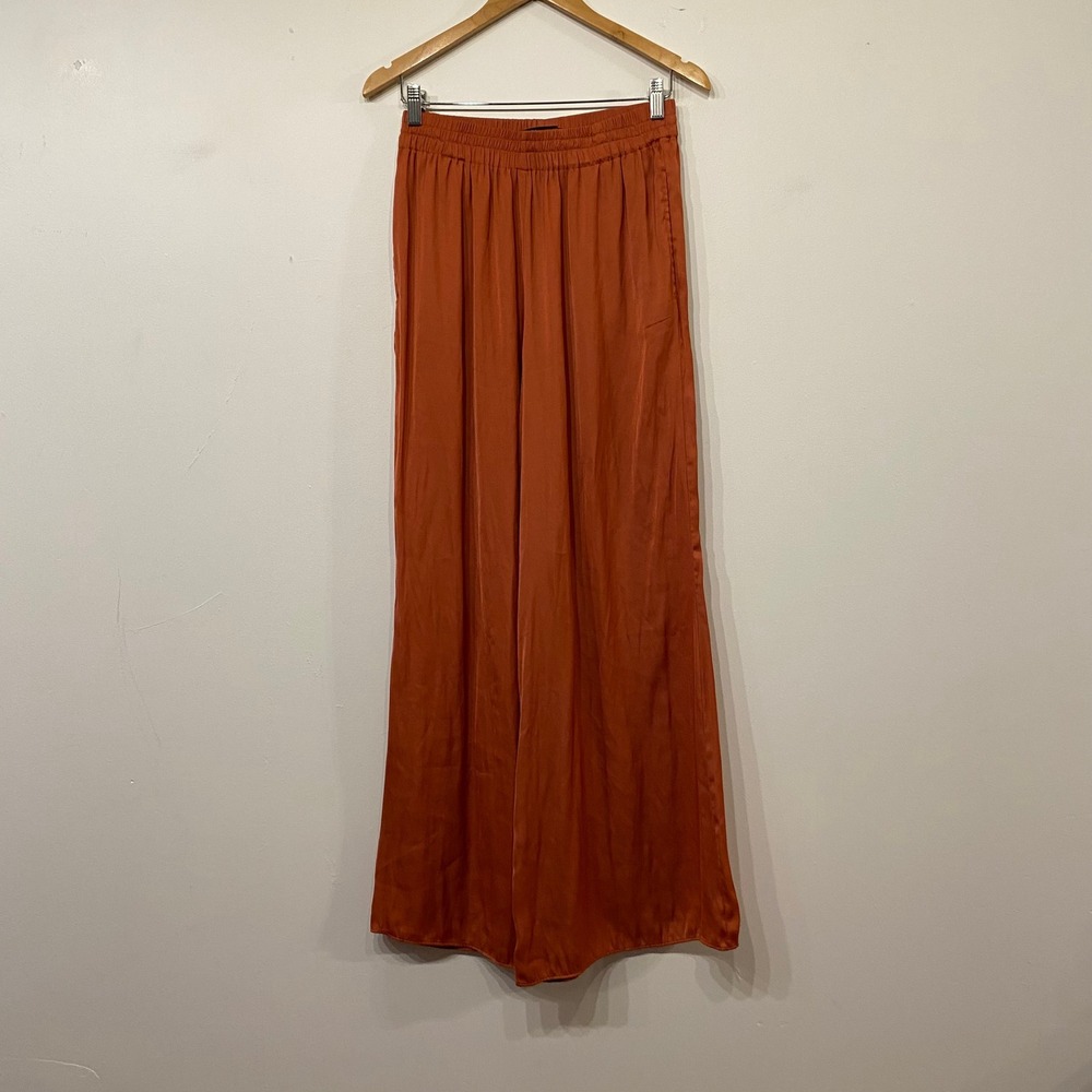 Zara Burnt Orange Satin Wide Leg Pants Elastic Waist Trouser Rust Medium